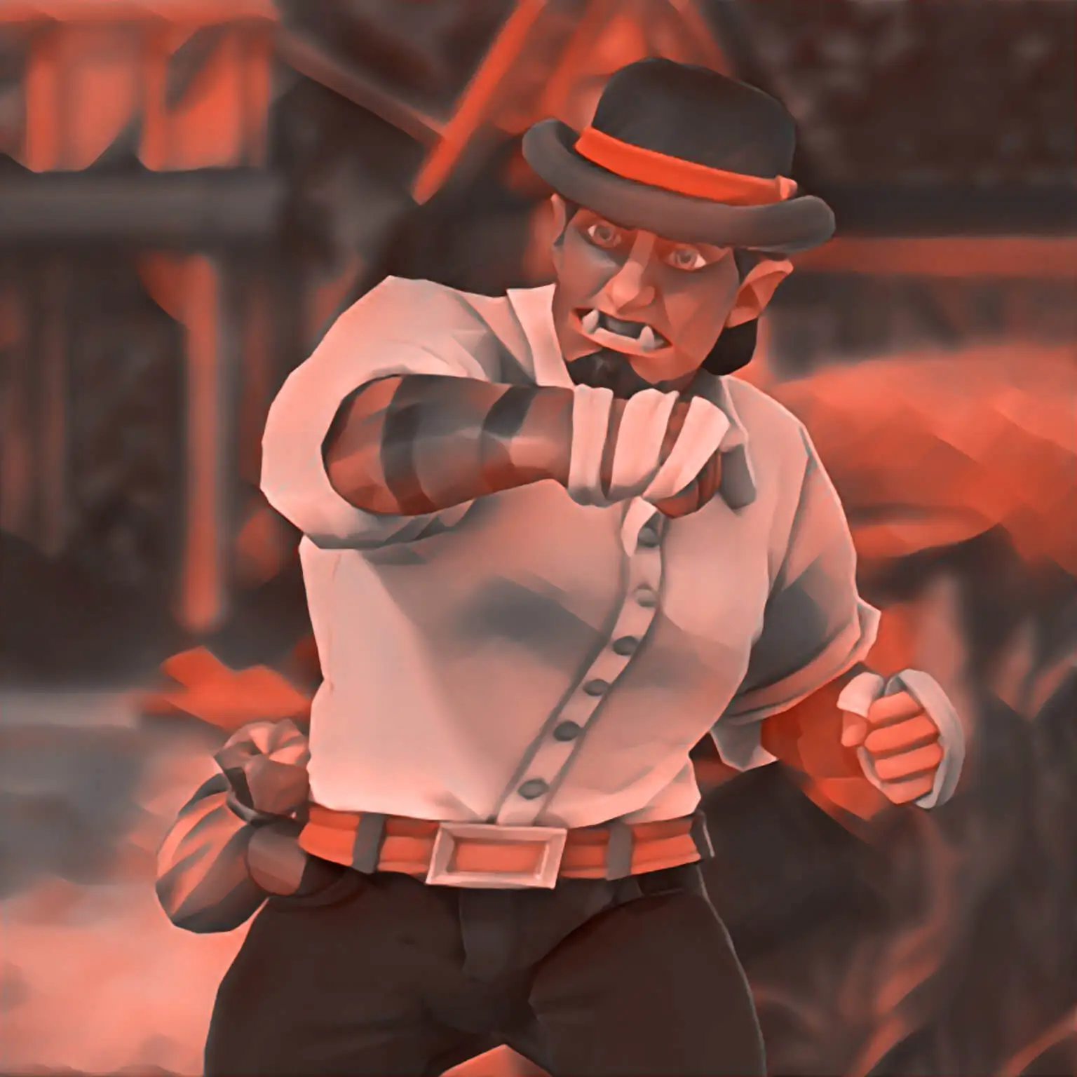 Illustration of a half-orc man in fine clothing winding up for a punch