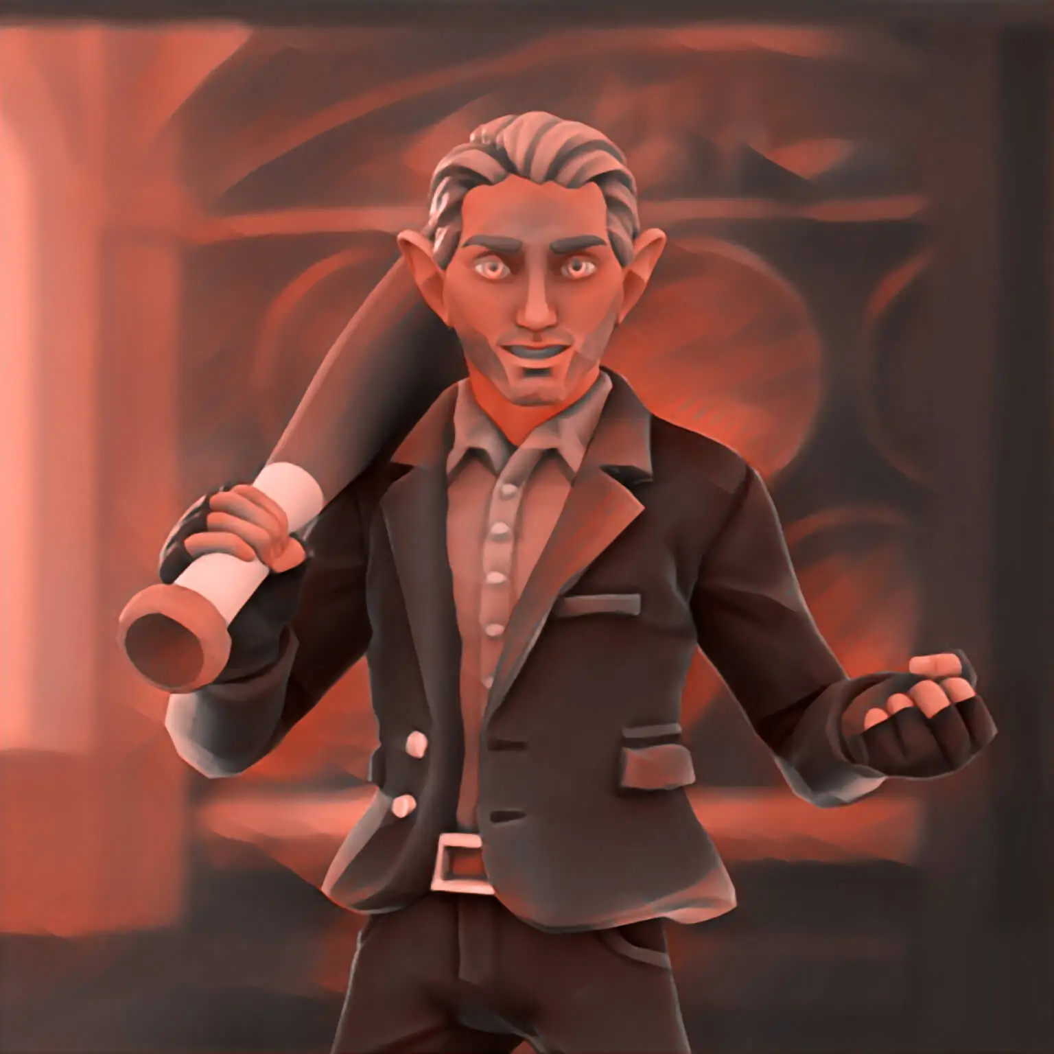 Illustration of a half-elf man in fine clothing with a baseball bat slung over his shoulder