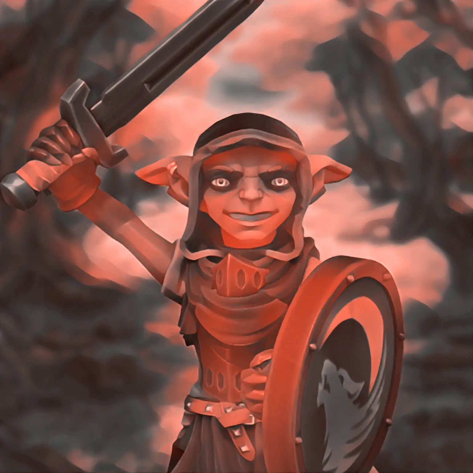 Illustration of a goblin in a breastplate wielding a short sword over his head